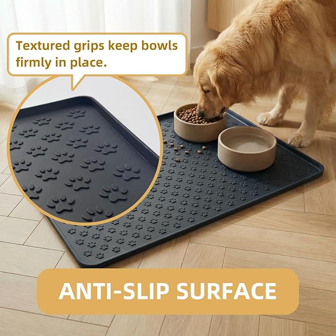 Silicone Dog Food Mat, 100% Waterproof Pet Feeding Mat with Raised Edge, Non-Slip Bowl Placemat for Cats & Dogs, Pets Accessories, 21.5” x 15.4”