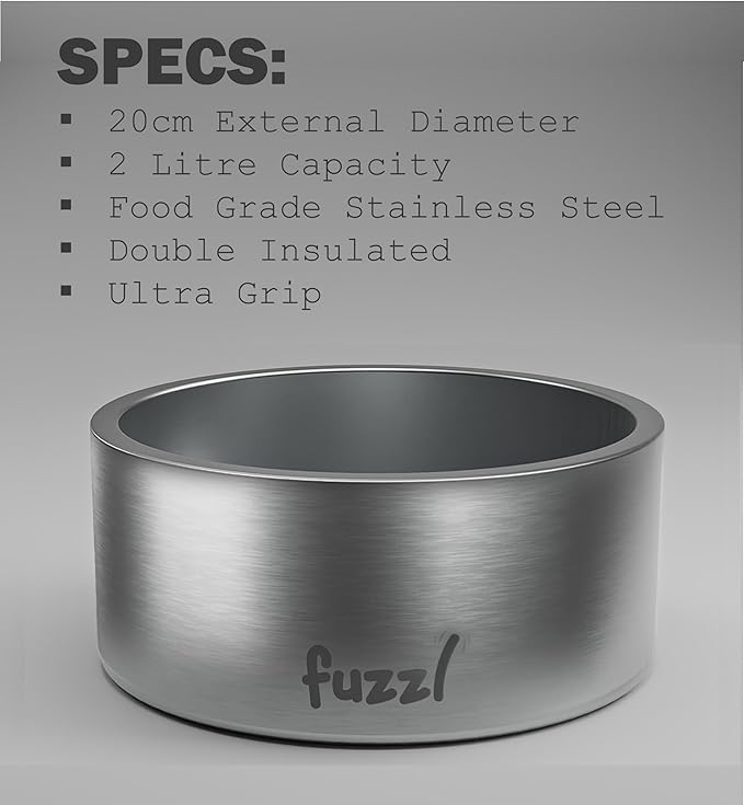 Fuzzl Titan Thermal Bowl 8 inch - Brushed Stainless Steel Insultated Thermal Bowl for Indoors and Outdoors with Rubber Base - Versatile Bowls and Dog Water Bowl for Hydration and Feeding
