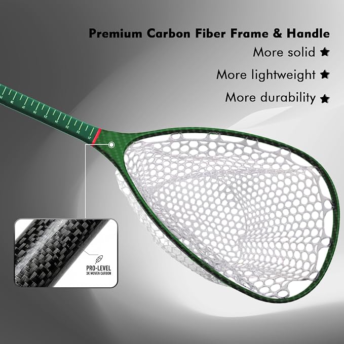 Riverruns Fly Fishing Landing Net Carbon Fiber Trout Net with Measurement Handle, Soft Rubber Mesh - 26" Standard (Wading) / 37" Long (Kayak)