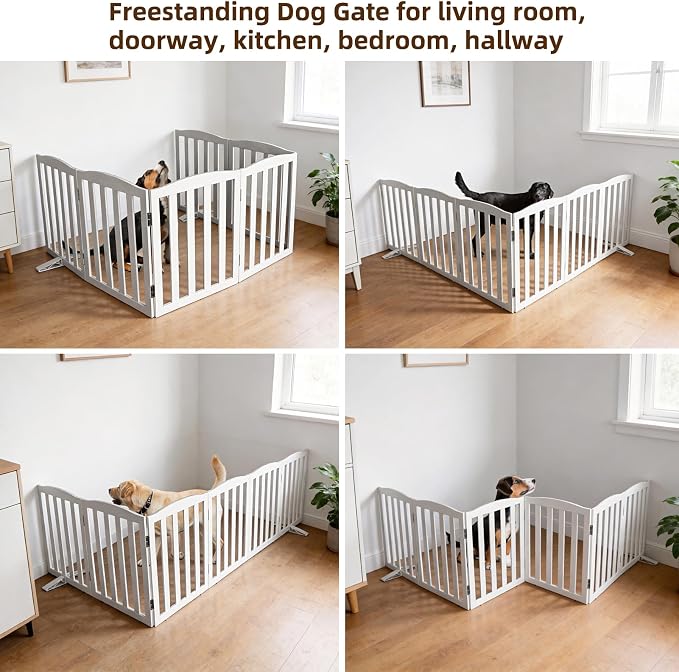 ZJSF Foldable Freestanding Indoor Dog Gate for House Wood White Long Pet Gates Dog Fence for Stairs Puppy Gates for Hallways,Pet Fence, Puppy Gate,Support Feet Included 32 "Height-6 Panels