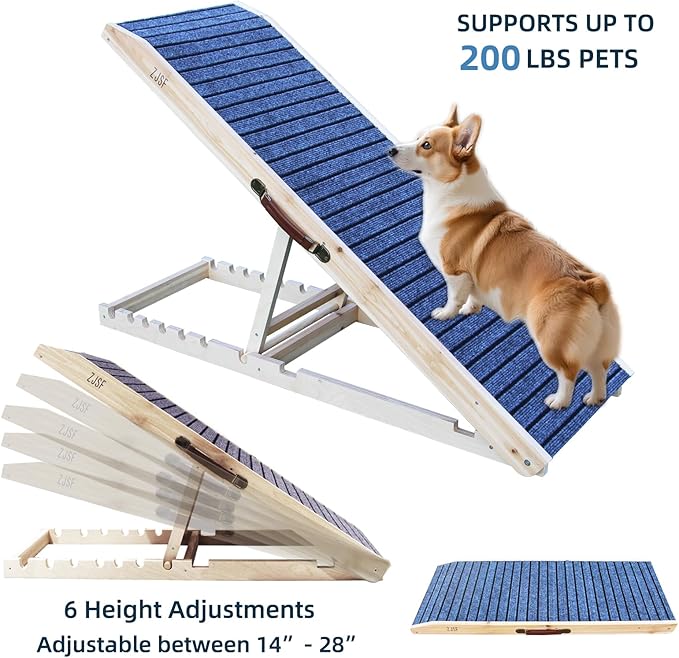 ZJSF Foldable Wooden Dog Ramp for High Bed, Dog Stairs for Small Dogs, High Traction Platform with 5 Adjustable Heights (14"-28"), 47", Supports up to 200 lbs