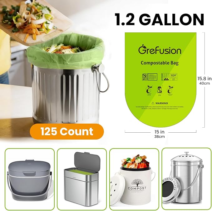 GreFusion Compostable Bags 1.2 Gallon,125 Count, Fits 0.75,1,1.2,1.3,1.6,1.8 Gallon Countertop Bin, Small compost bags, Certified by BPI, ASTM D6400 and OK Compost