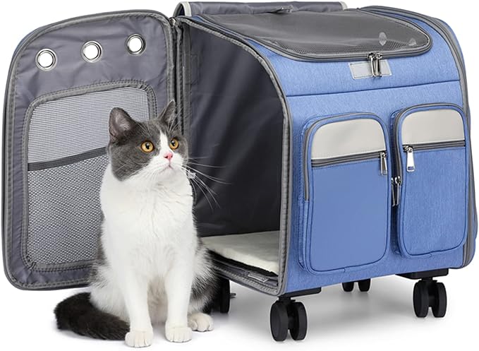 Pet Travel Carrier with Removable Rolling Wheels, Cat Rolling Carrier Backpack Pet Stroller Luggage Bag for Dogs Cats Puppy,Mesh Ventilation Windows, 2 Storage Pockets,Telescopic Handle