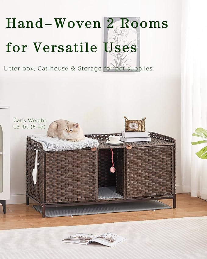 SETVSON Cat Litter Box Enclosure for 2 Cats, Hidden Litter Box Furniture with Mat, Large Rattan Cat House with Double Room and Door, 47.3 L x 19.7 W x 24 H, 2 S-Shaped Hooks for Living Room Brown