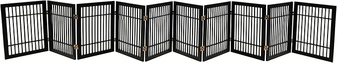 Urnporium Pet Dog Gate Freestanding, Strong Durable Folding Wooden Fence, Portable Acacia Hardwood Safety Barrier for Indoor & Outdoor Use (Black Pet Gate, 10 Panel 24" Tall)
