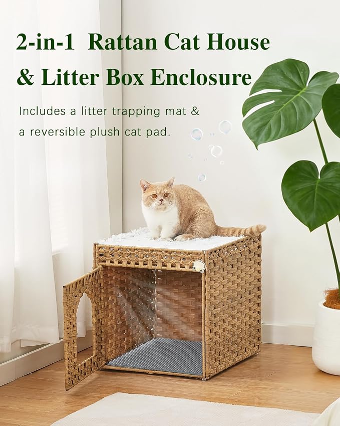 SETVSON Cat Litter Box Enclosure Furniture with One Cat Bed Pad, Hidden Litter Box Handwoven Rattan Cat House with Two S-Shaped Hooks for Living Room, Bedroom, 18.5 x 20.5 x 19.1 Inch,Natural