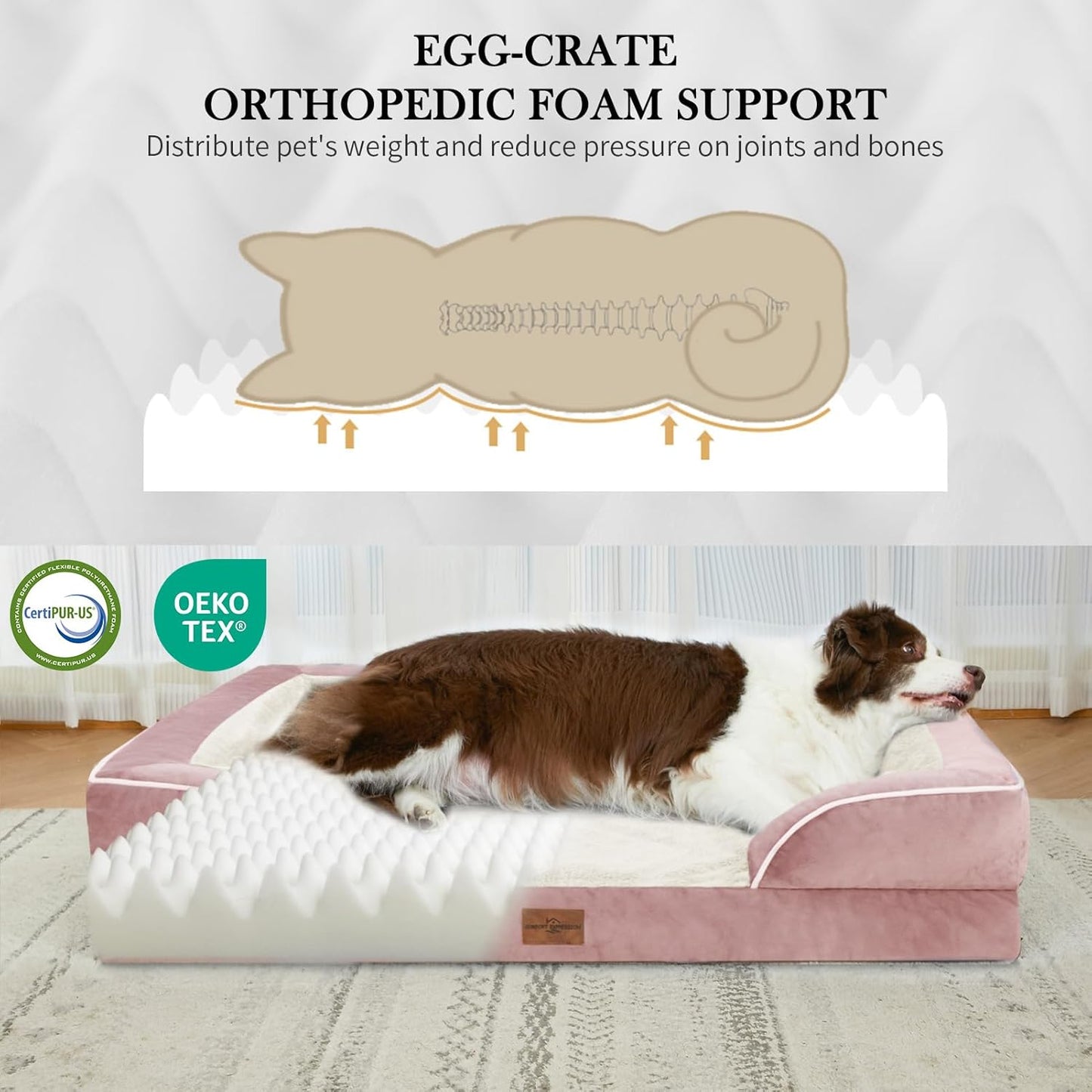 Comfort Expression Waterproof Orthopedic Dog Beds Jumbo Breed, Extra Large Dog Beds, PV Washable Pet Sofa Couch with Removable Cover & Non-Slip Bottom(Pink)