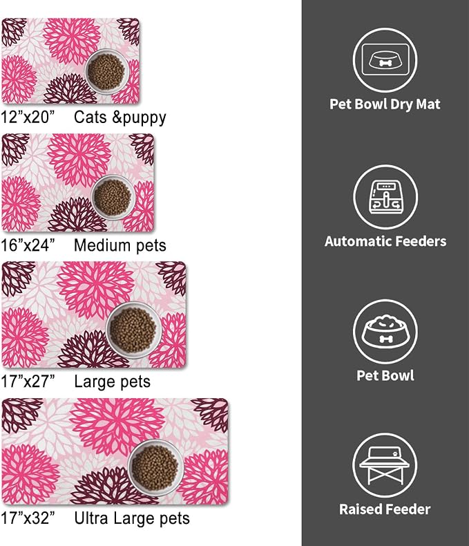 Dog Food Mats for Floors, Absorbent and Quick-Drying Pet Cat Food Mat,Anti-Fouling and Easy-to-Clean Pet Feeding Mat,Dog Bowl Mat for Messy Drinking Water Bowls.17x27, Bohemia Dahlia Floral Style