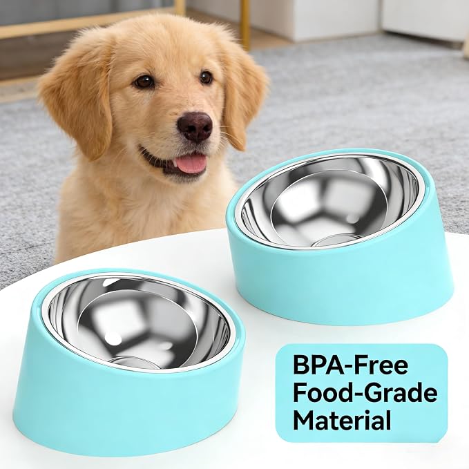 15° Tilted Anti‑Gulping Water Bowl for Medium Dogs (10-15kg, Blue, 350ml) – Non-Spill Stainless Steel Slow Water Feeder Dish, Vet Recommended Raised Pet Waterer