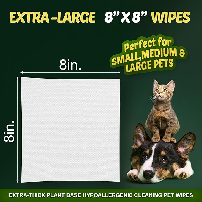 Petazy Pet Wipes for Dogs and Cats – 100 Count (8x8in) Hypoallergenic, Deodorizing Dog Wipes for Paws, Ears and Butt | XL with Aloe & Coconut Oil, Unscented | Travel Size, Single On-the-Go Pack