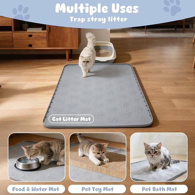 JUJOMAT Cat Litter Box Mat, 34"×22" Waterproof Silicone Cat Litter Trapping Mat Non-Slip Gray Kitty Litter Mat for Indoor Cats, Rubber Pet Food Mats with Lip Easy to Clean & Soft