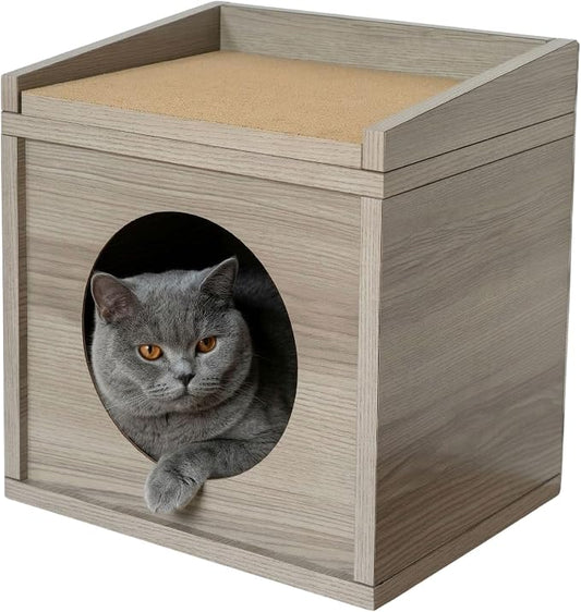 Meowdium Cat House for Indoor Cats – Cat Condo with 5X Longer-Lasting Cardboard Scratcher, 2 Scratcher Levels, Hideout & Top Lounge, Gray