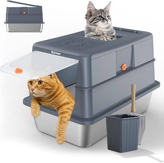 Stainless Steel Litter Box with Lid, Extra Large Litter Box Enclosed Top Entry Metal Litterbox for Big Cats Easy Cleaning Anti-Leakage & High Sided Grey