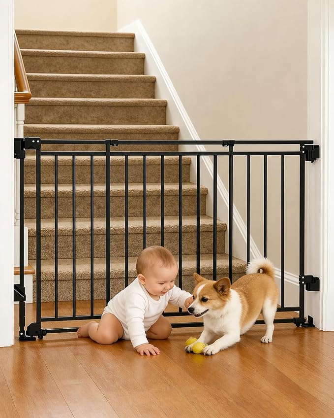 Baby Gate for Stairs, Doorways & Hallways with Auto Close – 32"-54" W x 29" H, Extra-Wide Walk Thru and No Bottom Bar for Easy Access, Adjustable Safety Gate for Dogs & Toddlers, Black