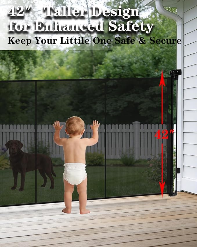 160" Extra Wide Retractable Baby Gates, 42" Extra Tall Retractable Dog Gate Pet Gate with Support Rods, Long Mesh Screen Child Safety Gate for Garage Doorways Hallways Deck Porch, Outdoor Indoor Use