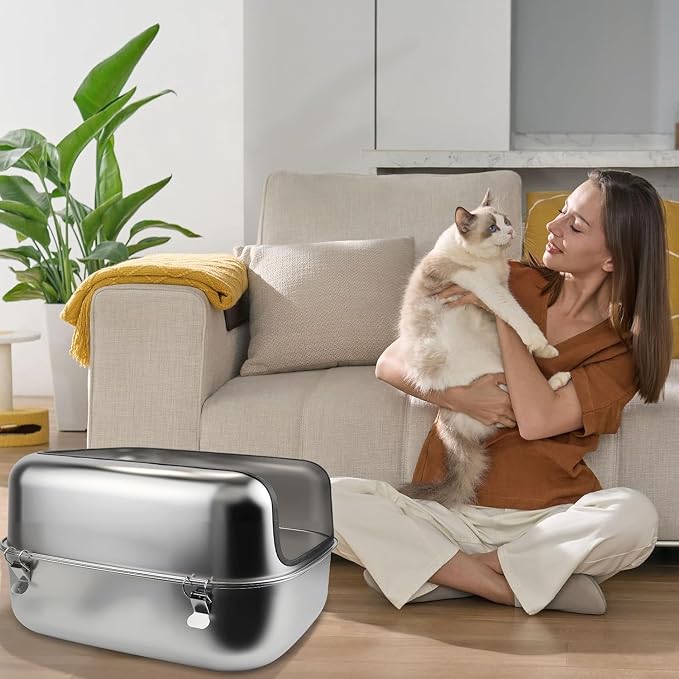 Stainless Steel Cat Litter Box, 23.6" L x 15.7" W x 11.8" H Extra Large Semi Enclosed Removable Metal Litter Tray with High Sided Enclosure, Scoop, Non-Sticky, Easy Cleaning