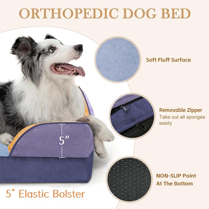 Comfort Expression Orthopedic Dog Bed for Extra Large Dogs 45x35 Inch, Waterproof Egg Crate Foam XL Pet Bed with Bolsters, Dog Couch with Washable Cover & Non-Slip Bottom, Twilight Wave
