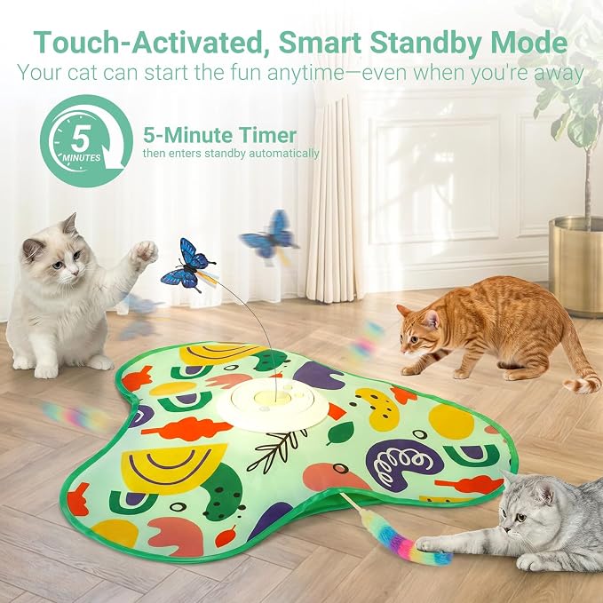 Interactive Cat Toy for Indoor Cats, Rechargeable Touch Activated Kitten Toy with Dual Motion Butterfly & Feather Tail, 3 Speed Automatic Smart Play for Exercise & Boredom Relief