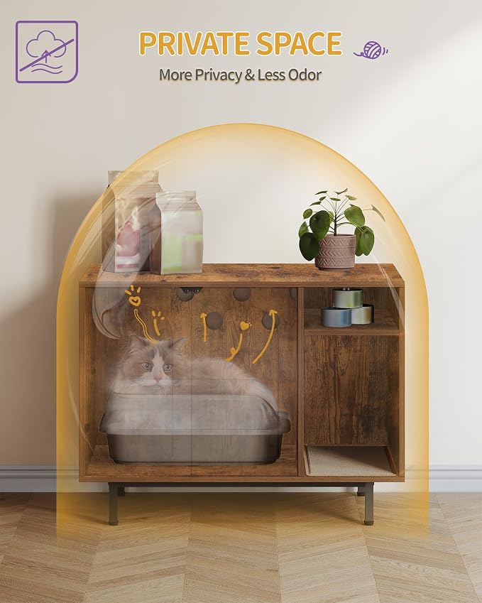 Hzuaneri Cat Litter Box Enclosure Enclosed, Hidden Litter Box Cabinet Furniture with Storage, Wooden Indoor Cat House Large, Modern End Table for Living Room Entryway, Rustic Brown and Black CB01501B