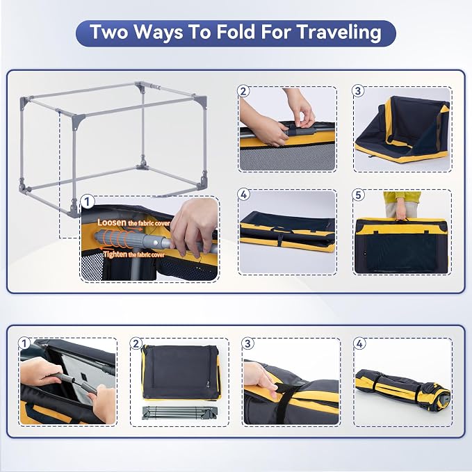 26" Collapsible Dog Crate for Small Dogs - Portable Soft Travel Kennel with Lockable Zippers, Waterproof Base, Washable Cover, Patented Screw Frame for Adjustable Tension, Outdoor, Indoor, Car Use