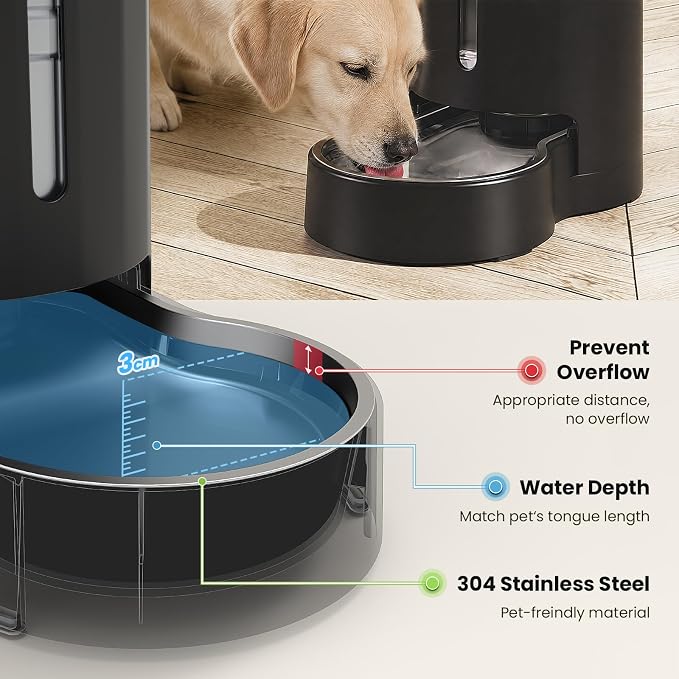 CZPET Dog Water Bowl Dispenser 8L, Wider Mouth & Upgraded Brush for Easy Cleaning Automatic Cat Gravity Refilling Waterer with Removable Stainless Steel Bowl, Large Drinking Area for Multi-Pet (Black)