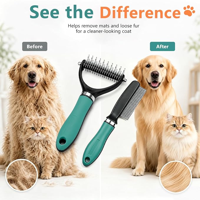 Dog Brush and Cat Deshedding Rake, Pet Grooming Tool for Shedding with Rounded Stainless Steel Teeth, Comfortable Grip for Long or Thick Coats (Green with Comb)
