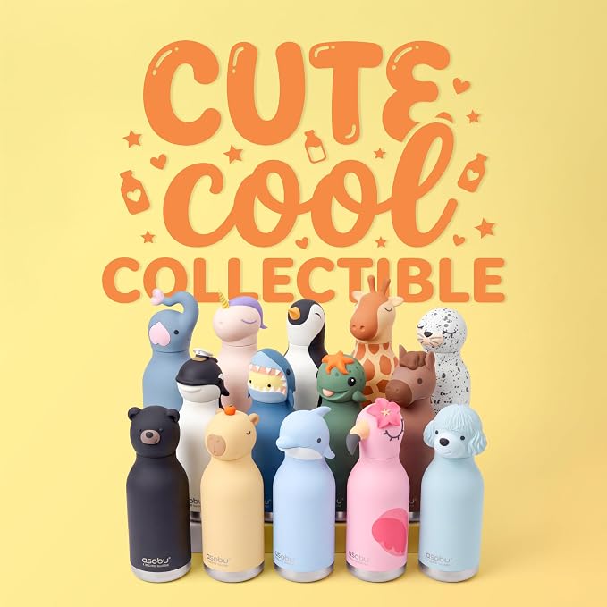 Asobu Bestie Bottle Limited Edition Collectible Kids Water Bottle with Animal Character Lid 16oz (460ml) Insulated Stainless Steel, Leakproof, Reusable with Straw Fun Gift for Girls & Boys