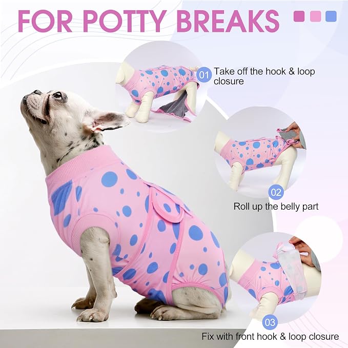 Kuoser Dog Surgery Suit, Soft Dog Spay Recovery Suit Female, Anti Licking Neuter Recovery Suit for Male Dogs, Post-Op Pet Surgical Suit Protective Wear E-Collar & Cone Alternative,Pink Polka Dots L
