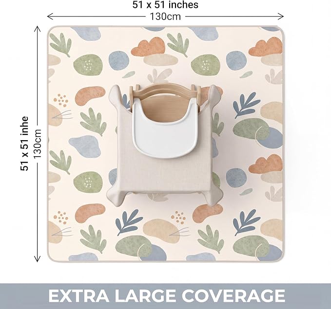 Baby Splat Mat for Under High Chair, 51"x51" Waterproof Non-Slip Floor Mat | Reusable Polyester Surface, Easy Daily Cleanup for Crumbs and Spills, Machine Washable for Deeper Cleaning
