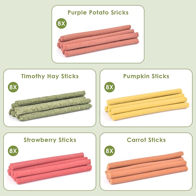 ERKOON 40Pcs Rabbit Timothy Hay Sticks, Five Flavors：PurplePotato/TimothyHay/Pumpkin/Strawberry/Carrot，Suitable Guinea Pig, Hamste, Gerbil, Chinchilla Treats, Chew Toys for Teeth for Bunnies