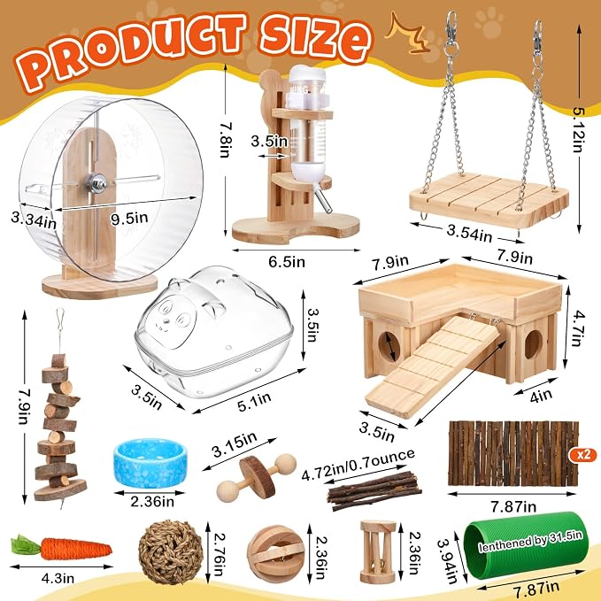 Hamster Cage Accessories & Habitat Set, Wooden 3 Room Maze House, Adjustable Silent Wheel, Water Bottle Set, Log Tunnel Tube & Chew Toys, 19 Pcs Complete Kit for Dwarf Hamster Gerbil Mouse