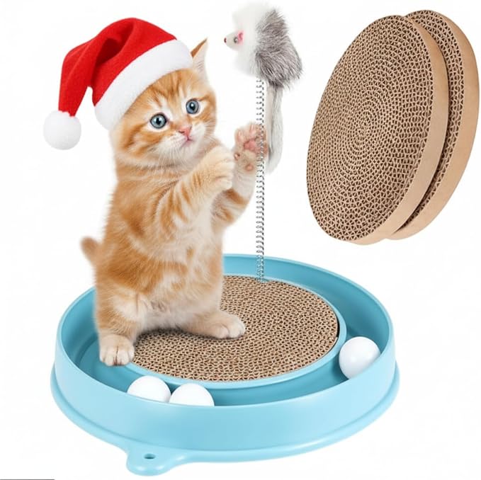 AceOrbit 3 Pcs Cat Ball Track Toy, Include 1 Round Cat Scratcher Toy with 2 Cats Scratching Board Pad Replacement, Interactive Toys Track and Plush Mouse Toys for Indoor Cats Kitten