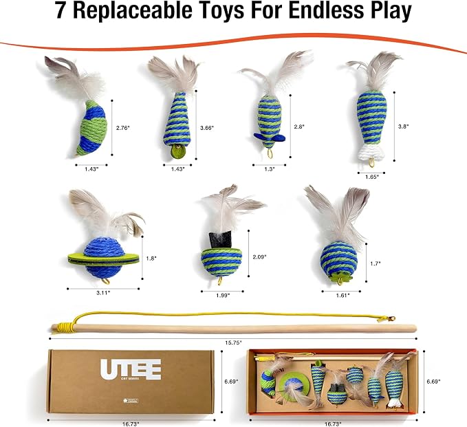 UTEE Cat Wand Toy for Indoor Cats, Interactive Teaser Set with Solid Wood Handle, 7 Replaceable Refills, Natural Paper Rope Crinkle Attachments for Kittens to Chase & Exercise