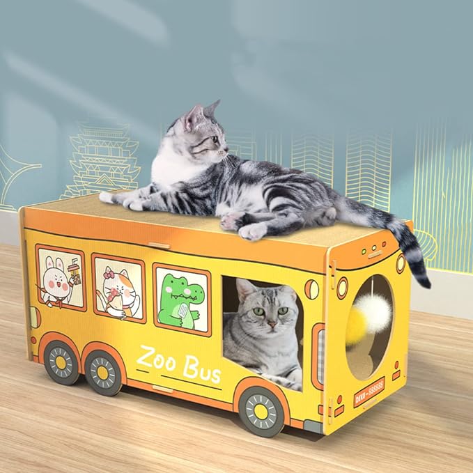 SHENGOCASE Wooden Jumbo 26.4" x 11.8" Extra Large Bus Shaped Cat Scratcher House for Maine Coon, Cardboard Cat House with Scratching Pad