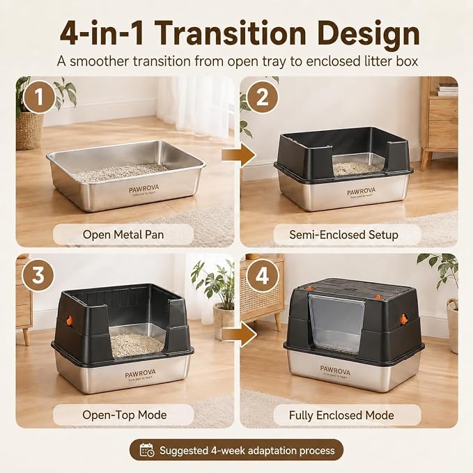 304 Stainless Steel Litter Box with Flip-Up Lid, Easy to Clean Enclosed Cat Litter Box for Big Cats, High Sides for Anti-Urine Spray & Odor Control, Includes Scoop and Mat