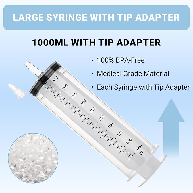 1000ml Large Syringe,Plastic Syringes for Liquid with Tip Adapter, for Scientific Labs, Measuring, Watering, Refilling, Filtration Multiple Uses, Individual Sealed