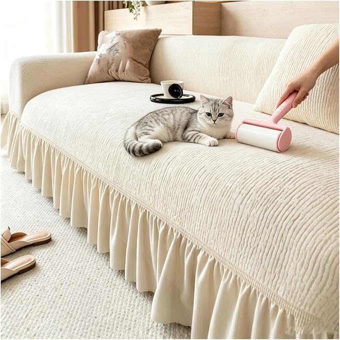 Velvet Sofa Cover with Skirt,Full Coverage Non-Slip Couch Slipcover, Soft Textured Furniture Protector for Living Room with Free Pet Lint Remover Roller(Beige,6-Seater)