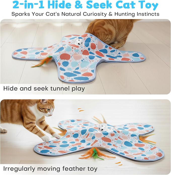 Interactive Cat Toys, Hide and Seek Cat Toy, 2 in 1 Automatic Moving Concealed Feathers for Indoor Cats, Non-Slip Suction, Touch Activated, USB Rechargeable, Blue