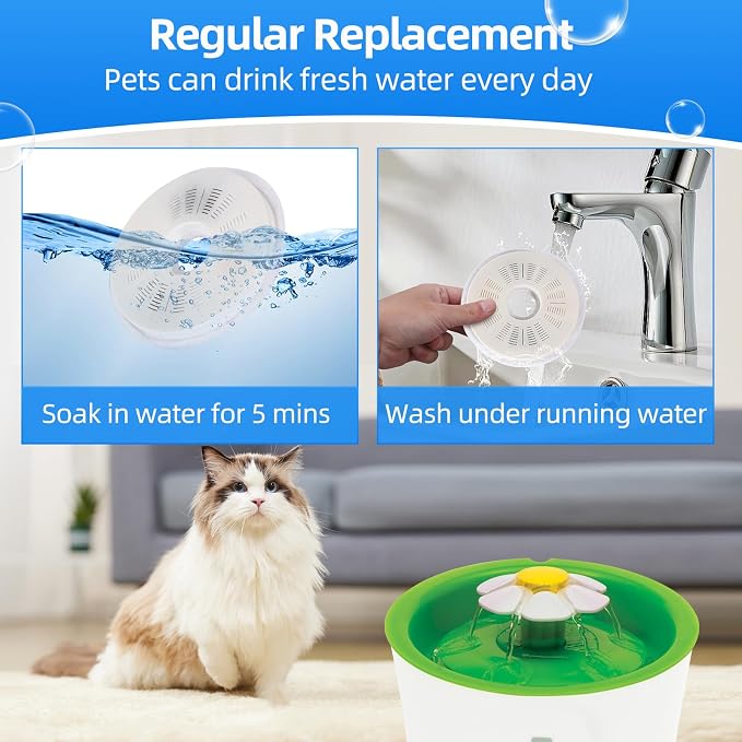8-Pack Cat Fountain Replacement Filters for 3L Flower Water Dispenser, Triple Filtration with Activated Carbon & Ion Exchange Resin, Soft Water for Urinary Health Support + 2 Cleaning Brushes