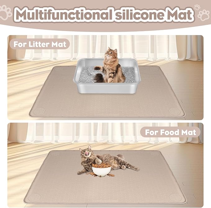 Cat Litter Mat, Extra Large 34" x 22" Silicone Mat Litter Trapping Mat for Scatter Control, Soft on Kitty Paws, Easy to Clean (Beige)