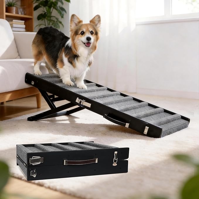 Dog Ramp Dog Stairs for Large Dogs Foldable Dog Ramp with 5 Adjustable Heights from 13.98'' to 27.56" Wood Pet Ramp with Non Slip Carpet Portable Puppy Ramp for Couch, Sofa, Bed, Car (Black)