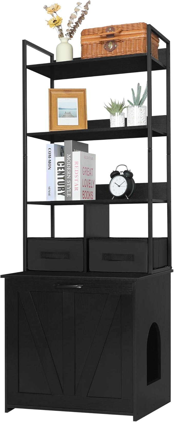 DWANTON Litter Box Enclosure with 3 Storage Shelves and 2 Drawers, 2-in-1 Hidden Cat Litter Box Enclosure Furniture with Shelf, Reversible Entrance, Washable Drawers, 61.8-Inch, Black