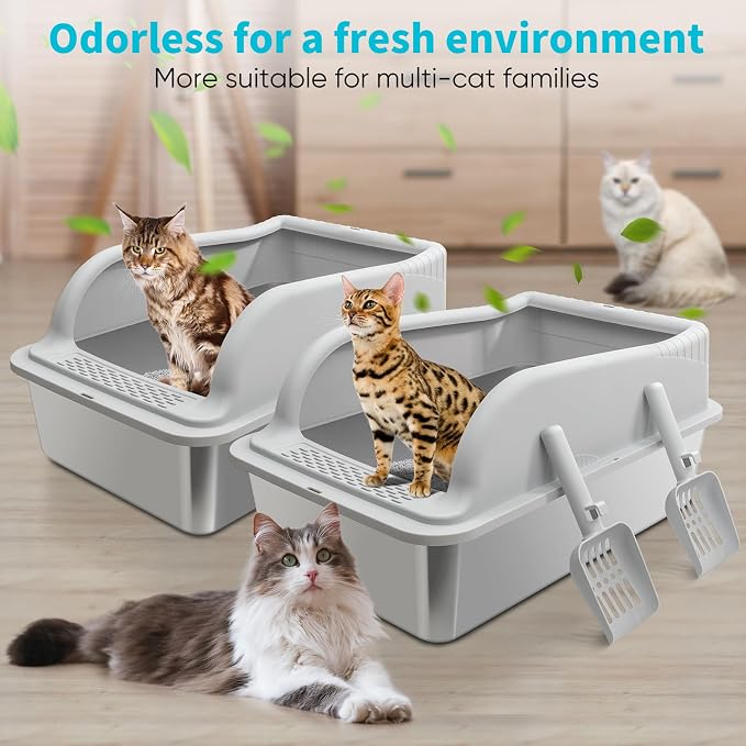 2PACK Stainless Steel Litter Boxes with Lid High Sides, Extra Large Metal Boxes for Big Cats, Odor Free Litter Pan Include Scoop, Leak-Proo, Stain-Free, Rust-Free, Easy to Clean, Non-Sticky