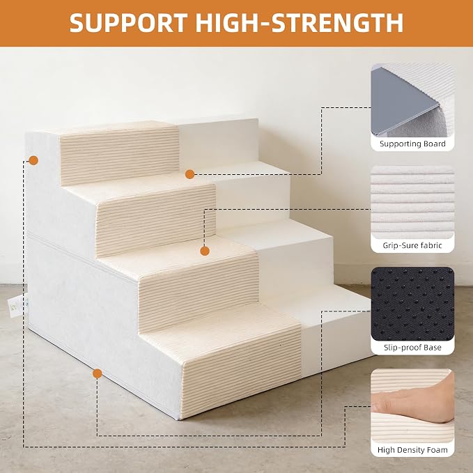 Dog Stairs for Small Dogs, 18" H, 4-Step Pet Steps for Bed Couch Sofa and Chair, Non-Slip Balanced Pet Ramp for Injured & Senior Pets with Washable Cover and Durable High Density Foam,Beige