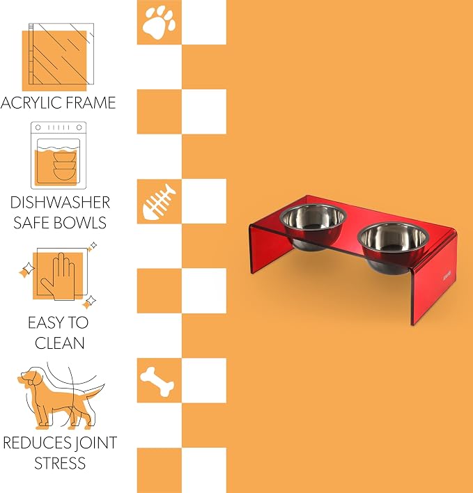 DBL2000H Keaton 5" Small/Medium Modern Acrylic Rectangular Elevated Pet Feeder with 20oz 2-Stainless Steel Bowls, Red/Chrome