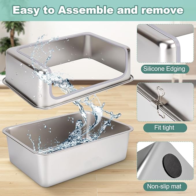 Stainless Steel XL Cat Litter Boxes with Metal Lid,20x14x12'' Extra Large Kitty Litter Pan with High Wall Enclosure-Odor Free&Easy to Clean