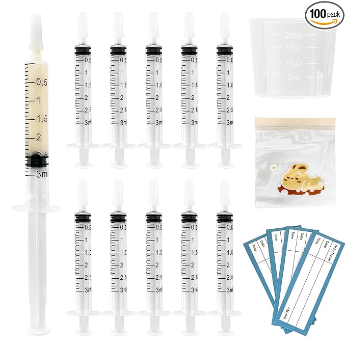 100 Sets 3ml Colostrum Syringes,Colostrum Collector kit Include 100 3ml Syringe with Cap, Sticker, Clear ziplock Bag and a Measuring Cup