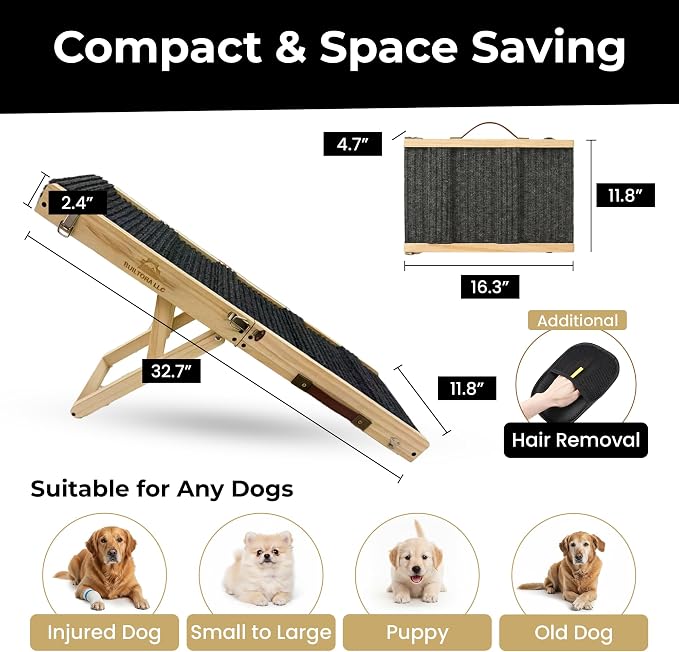 Dog Ramp for Bed & Couch, Foldable 4 Adjustable Dog Stairs for Small & Medium Dogs, Non-Slip Carpet Surface, Solid Pine Wood Dog Ramp for High Bed Sofa, Portable Dog Steps for Bed