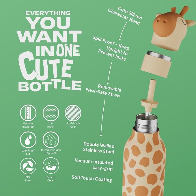 asobu Bestie Bottle Insulated Stainless Steel Water Bottle with Detachable Soft Animal Head Fun Drinking For Kids and Teens16 Ounce with Flexible Reusable Straw (GIRAFFE)