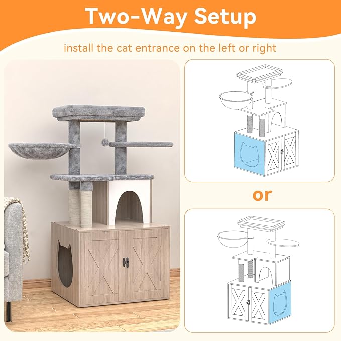 HavenlyYouth Litter Box Enclosure with Cat Tree,Cat Tree with Litter Box Enclosure,Hidden Pet Washroom Furniture with Sisal Scratching Post,Hammocks,Condo,Multiple Platform,Soft Plush Perch, Grey